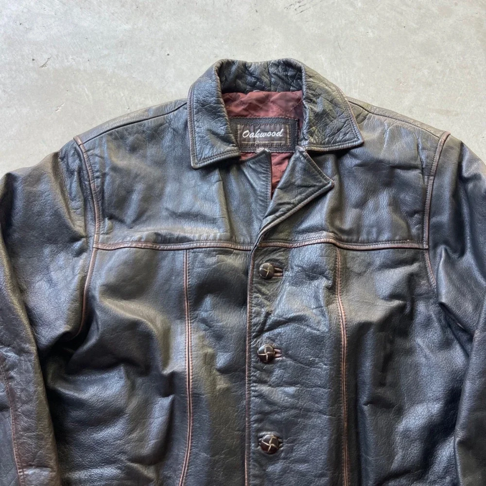 Oakwood Classic Mens XL Brown Leather Jacket Button Front Quilted Lined Car Coat